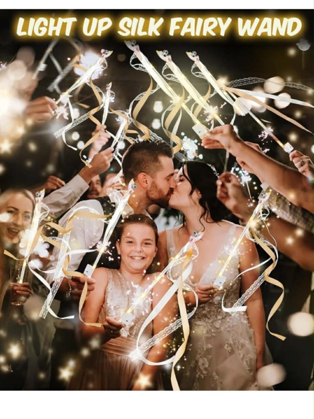50 individually wrapped LED wands with Champagne ribbon and white lace with bell